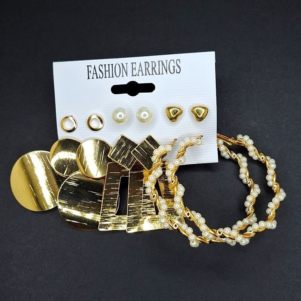 Gold earring bundle faux pearl hoops studs statement jewelry